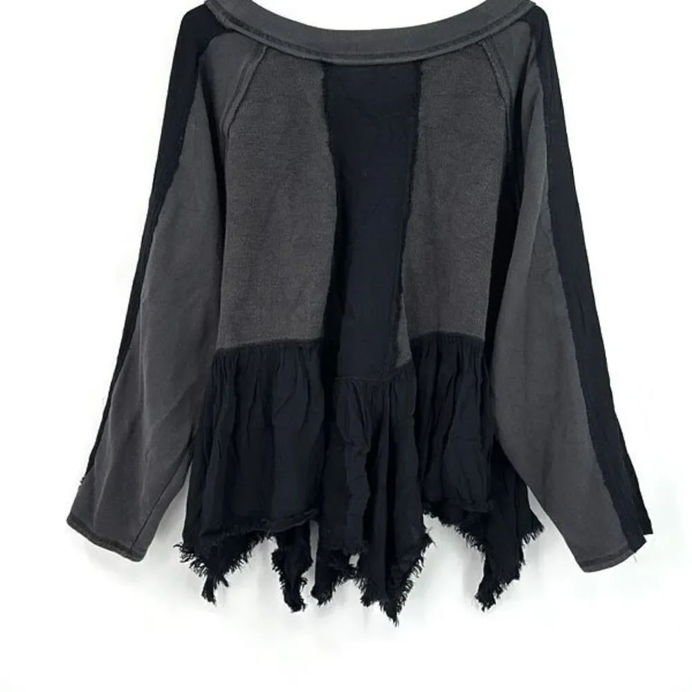 Free People Black Gray Long Sleeve Distressed Boho Peplum Hem Top Size Small